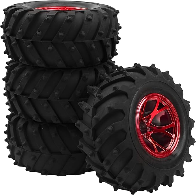 4.72''OD Rubber Tires & Wheel Rim 12mm Hex Hub Compatible with RedCat Volcano Traxxas Rustler HPI HSP Tamiya Exceed Himoto 1/10 Off-Road Monster Truck,120mmx56mm (Red)