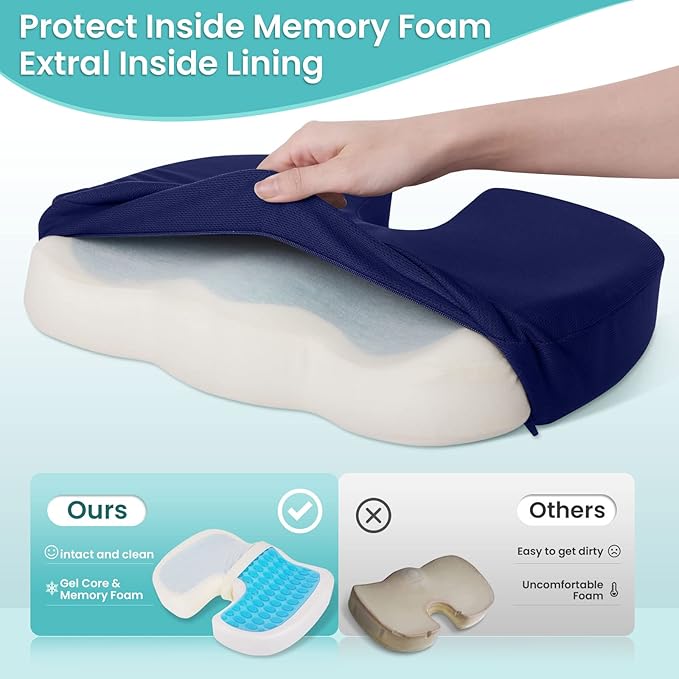 Office Chair Seat Cushion, Cooling Gel Enhanced Memory Foam Cushion for Long Sitting - Back, Sciatica, Coccyx, Tailbone Pain Relief Pillow - for Office, Gaming, Car, Wheelchair - Blue, X-Large