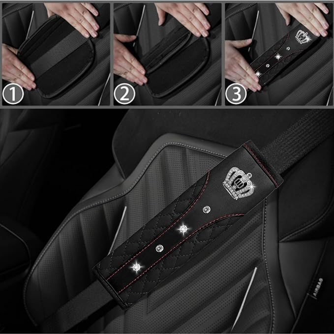 NBTEPEM 6 PCS Bling Car Accessories Set, Leather Steering Wheel Covers Universal 14.5-15 inch, Center Console Cover, Seat Belt Cushion, Cup Holder Coaster (Black)