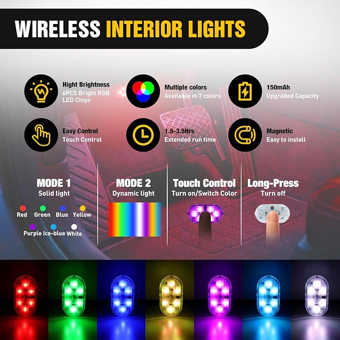 Nilight Wireless Magnetic RGB LED Interior Lights, 4 PCS 7 Colors USB Rechargeable Universal Mini Sticky Footwell Ambient Atmosphere Reading Lamp with Touch Sensor, Portable Night Lighting for Car