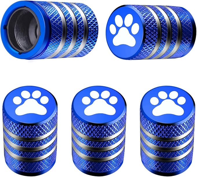 Tire Valve Stem Caps Cover - (5 Pack) Tire Air Caps Metal with Plastic Liner Corrosion Resistant Leak-Proof Dog Paw Print for Car Truck Motorcycle Bike Blue