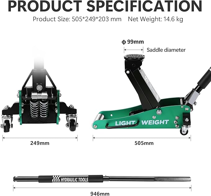 Floor Jack 1.5 Ton Hydraulic Low Profile Aluminum and Steel Car Jack, Lightweight Service Jack with Quick Lift Dual Pump, 3,000 lb Capacity, Lift Range 3.3"-14",Green
