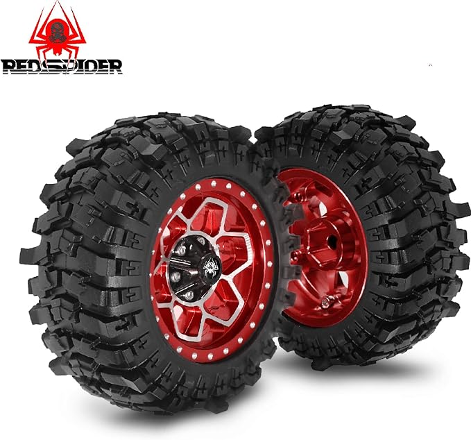 REDSPIDER Metal 1.9'' Beadlock Wheels and Crawler Tires OD 88MM/3.46'' (4PCS) for 1/12 RC Crawler MJX H12Y+ MN-128 MN82S LC79 ﻿ (Red)