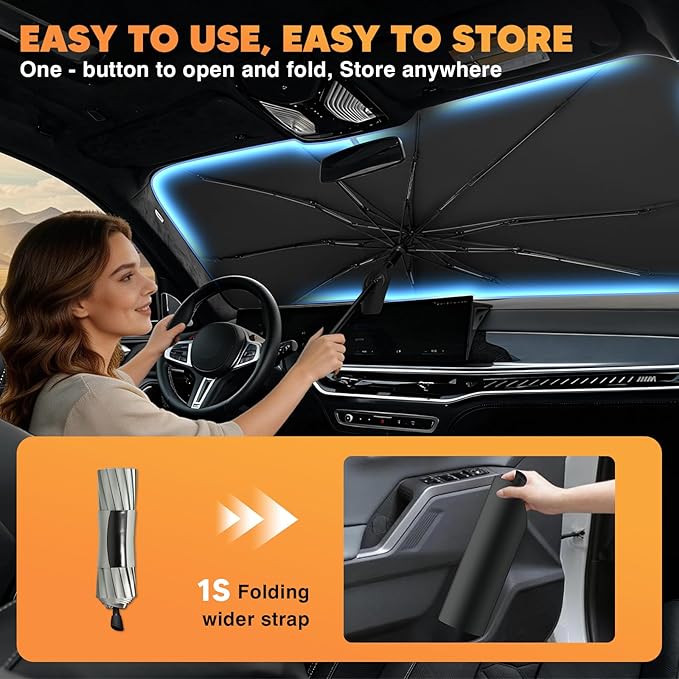 KUST Sun Shade Umbrella for Toyota Camry 2018-2024 | Custom Fit Windshield Sunshade | Foldable Sunshade with Bendable Handle | Blocks Heat & UV Rays Keep Car Cool Sunshield