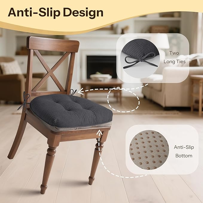 Indoor Kitchen Chair Cushions Set of 2 18"X16.5"X3" Soft Anti Slip Dining Chair Pads Tufted Kitchen Seat Cushion with Ties, Dark Grey