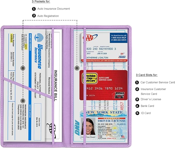 TOURSUIT Car Registration and Insurance Card Holder, Vehicle License Document Glove Box Compartment Organizer, Interior Car Accessories for Women Men Teens (Purple)