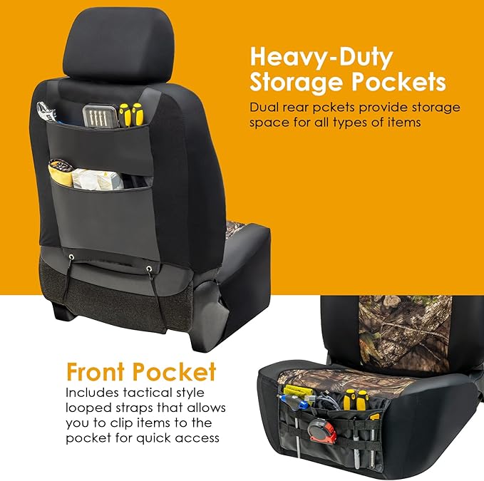 Mossy Oak LPI Truck Heavy Duty Seat Covers for Front Seats; Fits Full-Size SUV or Truck; Includes Front and Rear Storage Pockets, Built-in Molle Style Organizer; Semi-Custom Fit; 2pcs