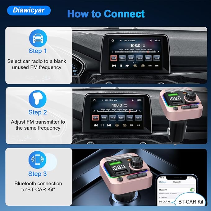 FM Transmitter Bluetooth Car Adapter - 63W Wireless Radio FM Bluetooth Transmitter with Deep Bass Player for Old Cars [PD 45W & QC3.0], Car Charger USB C Fast Charge, Hands-Free Calling, Pink