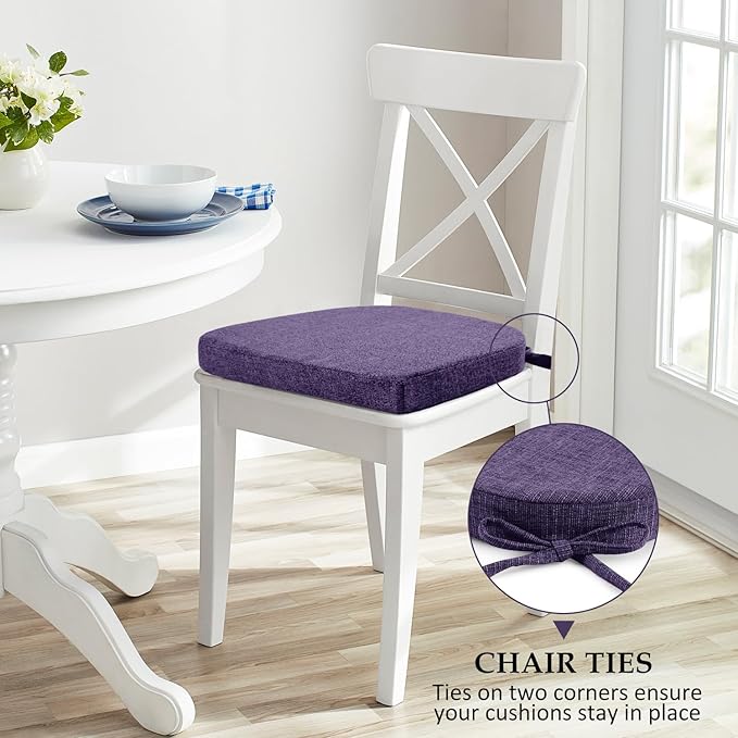 Wellsin Chair Cushions for Dining Chairs 4 Pack - Kitchen Chair Cushions with Ties and Non-Slip Backing - Dining Chair Pads 16"X16"X2", Purple