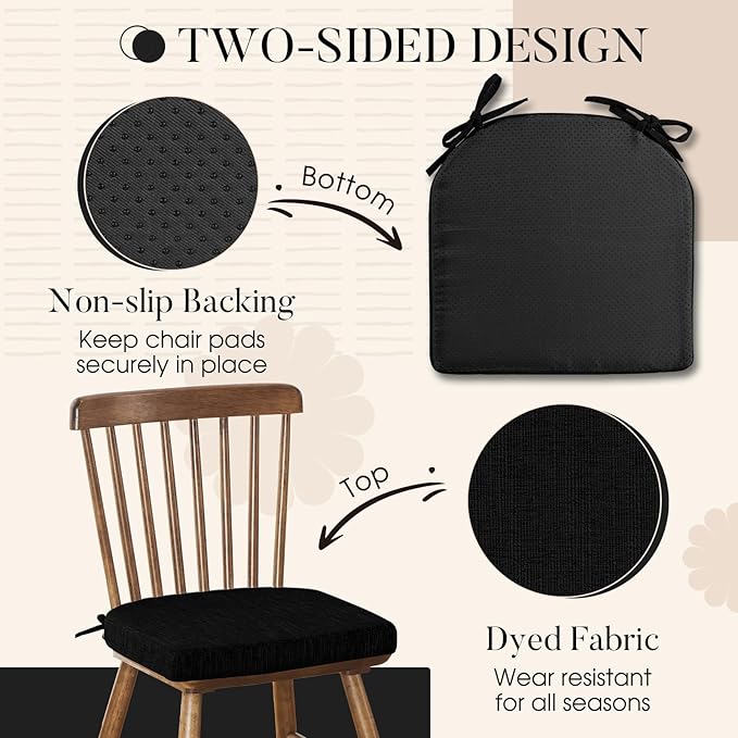 Basic Beyond Chair Cushions for Dining Chairs 4 Pack, Kitchen Chair Cushions with Ties and Non Slip Backing, 16 x 16 inches Chair Pads for Dining Chairs (Black)
