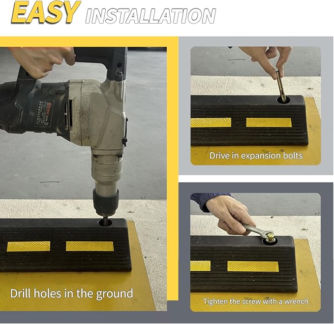 2 Pcs 3" H Parking Stopper for Garage Parking Aid Heavy Duty Rubber Wheel Stops Durable High-Visibility Tire Blocks Parking Aid Gadgets Tire Stops for Cars Trucks RVs with Bolt Installation