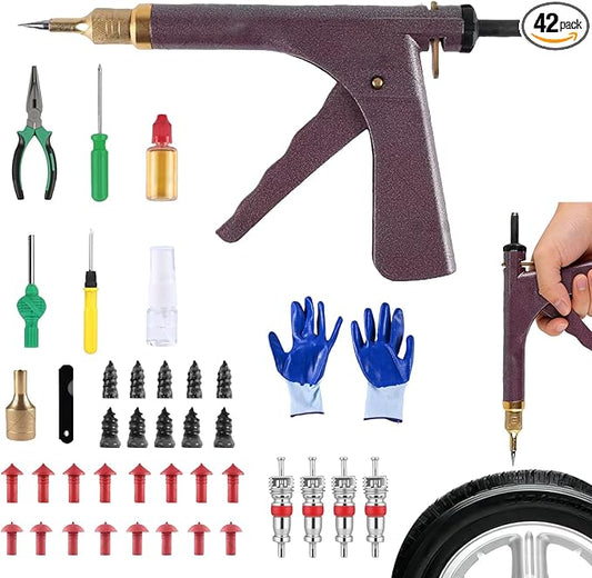 Tire Repair Kits Tubeless Tire Puncture Repair Kit with Mushroom Plug, Repairs punctures and Flat Tires for Motorcycles, Cars, Trucks, ATVs,Gun Puncture Repair Kit(Air Pump not Included Red)