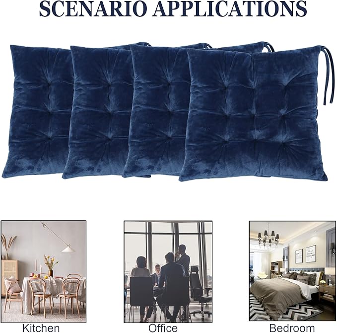 Set of 4 Square Chair Pads Indoor Seat Cushions Pillows with Ties Soft Comfortable Non Slip Chair Mat for Kitchen Dining Office Desk Living Room Outdoor Tatami 15.5" - Blue