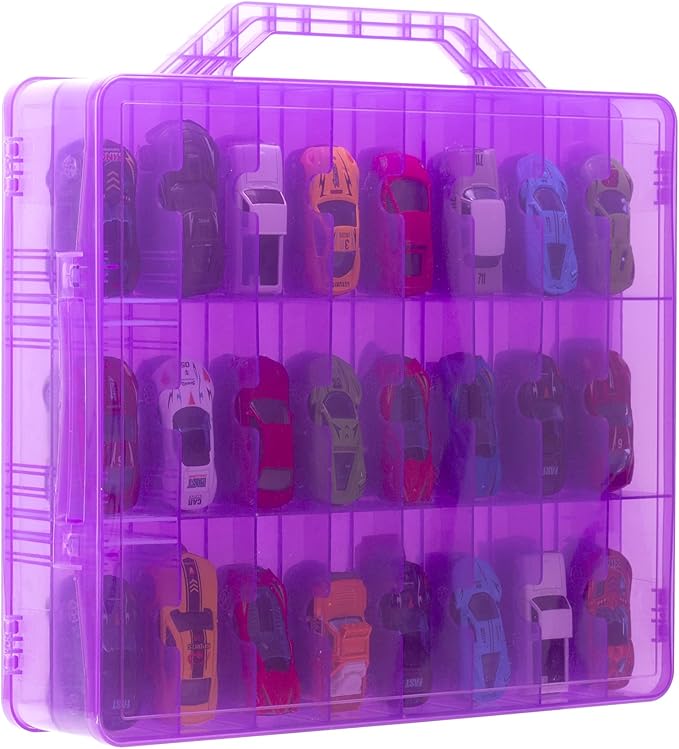 KISLANE Double Sided Toy Car Storage Case for 48 Toy Cars, Matchbox Cars, Mini Toys, Small Dolls, Portable Transparent Storage Case for Toy Cars, Matchbox Cars with 48 Compartments, Case Only