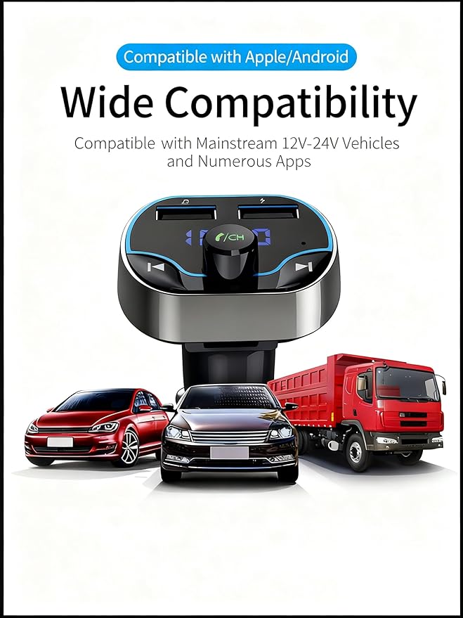 Bluetooth FM Transmitter Car Adapter with LED Voltage Display, Hands-Free Calling, Dual USB Car Charger, Supports MP3, Radio, TF Card, USB Disk Playback