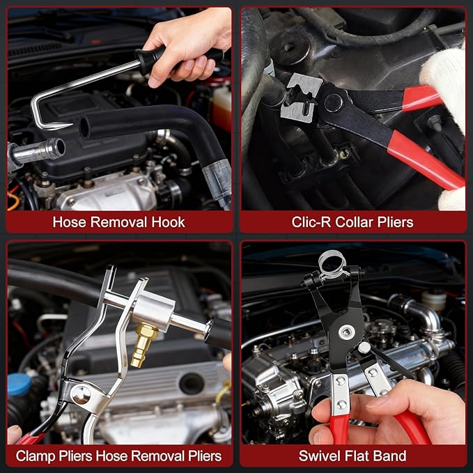 13PCS Hose Clamp Pliers Set, Long Reach Hose Clamp Kit with Box for Automotive Coolant Radiator Heater and Water Hose, with Flexible Wire Clic R Type Swivel Jaw Flat Band Pliers