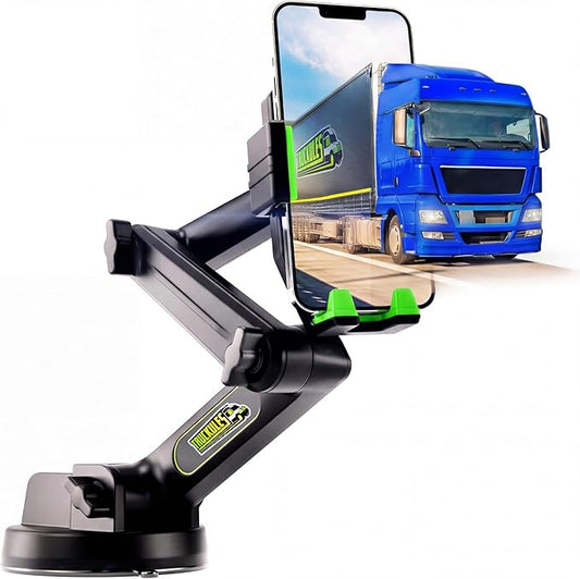 Cell Phone Mount for Truck Phone Holder for Truck Drivers - Heavy Duty Suction Cup, iPhone Holder for Dashboard Window 16.9 inch Long, for iPhone & Samsung, 18 Wheeler Trucker, Green