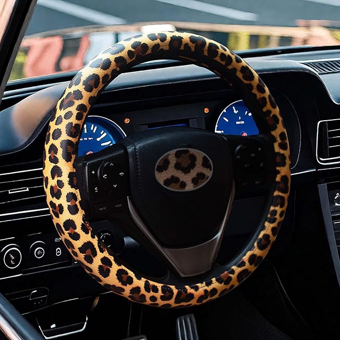 Universal Leather Leopard Cheetah Steering Wheel Cover Women 14.5-15 inch Leopard car Accessories Western Anime Brown Cute Wheel Cover Hip Hop Anti-Slip Car Protecter for Men