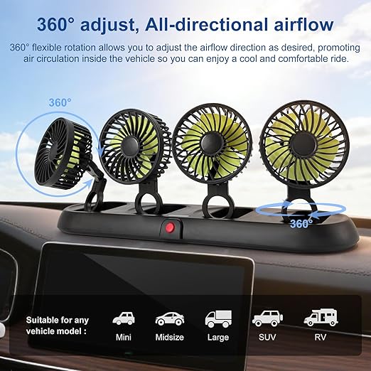 Portable 4-Head Car Cooling Fan - 3-Speed Adjustable, 360° Rotating, Cigarette Lighter Plug, Powerful Airflow for Vehicles, RVs, and SUVs