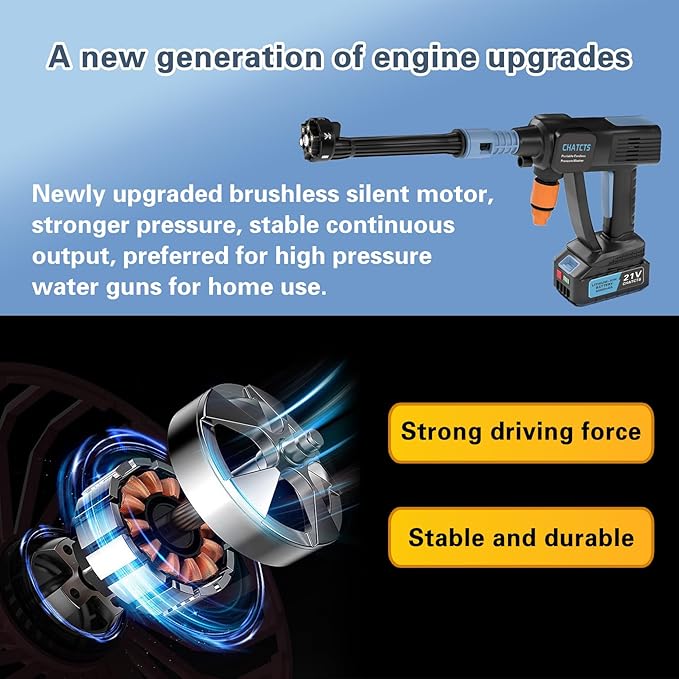 Portable Cordless Pressure Washer, 980PSI Cordless Car Pressure Washer with 2 Batteries, 6 in 1 Nozzle, 5 Meter Hose, for Watering, Cleaning, Car Washing, Floor Washing