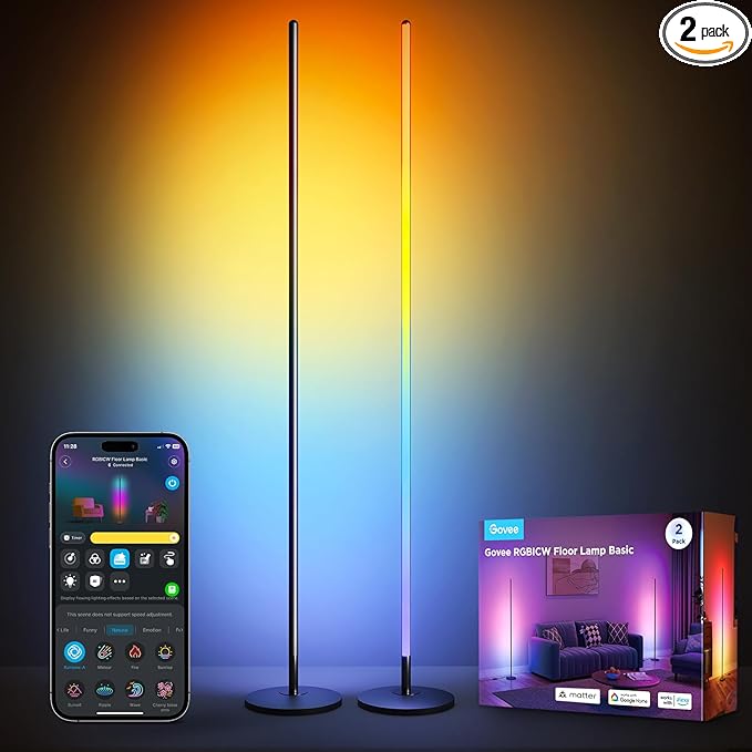 Govee RGBIC Floor Lamp Basic 2-Pack, Compatible with Alexa, LED Smart Standing Lamp with Voice Control, Color Changing Bedside Floor Lamp for Bedroom, Nightstand Corner Lights, Black