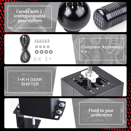 CNRAQR PC USB Simulator Shifter 7+R H Gear Shifter with L Shape Clamp Set for Gear shift PC Windows Steering Compatible with G29/G27/G25, T300RS/GT Wheel