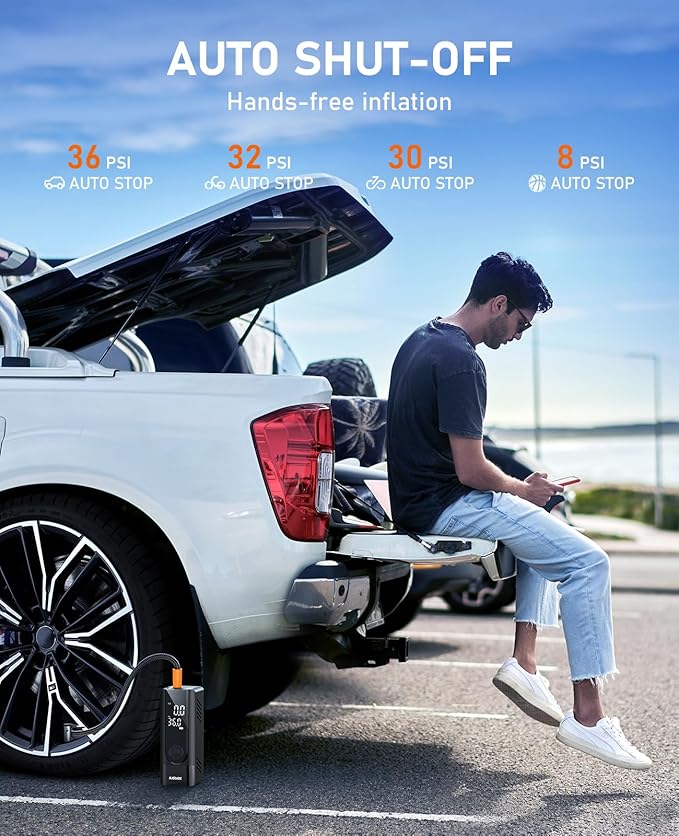 Tire Inflator Portable Air Compressor, Battery & 12V DC Dual Power Air Pump for Car Tires, 150PSI Cordless Bike Tire Pump with Digital Pressure Gauge, LED Light, for Motorcycle, Ball