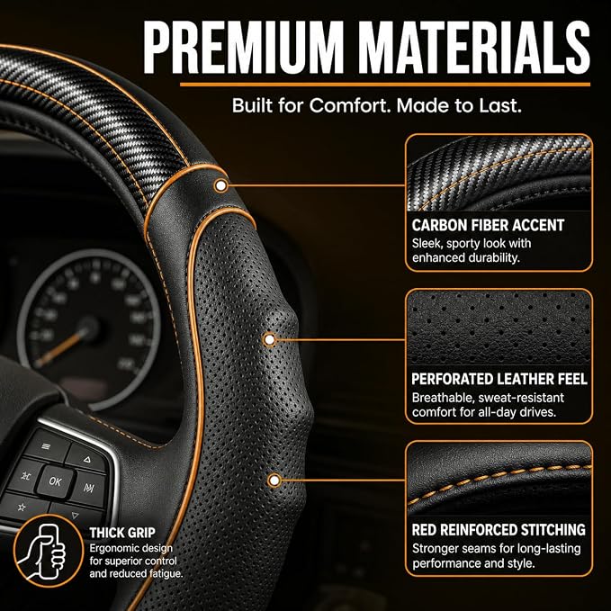 18 Inch Semi Truck Steering Wheel Cover for Freightliner Cascadia, Kenworth T680 T880, Peterbilt 579, Volvo VNL - Anti-Slip Carbon Fiber Grip - Carbon Orange