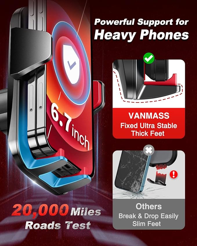 VANMASS【85+LBS Strongest Suction & Military-Grade Ultimate Car Phone Mount【Patent & Safety Certs】 Cell Phone Holder for Dash Windshield Vent for iPhone 17 Pro Max Automobile Accessory Kits,Red