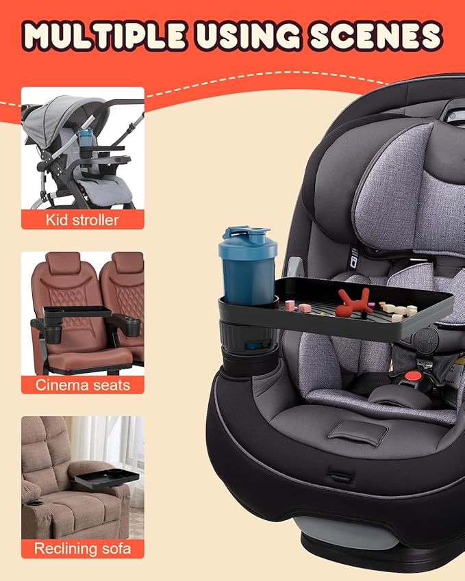 SEVEN SPARTA Car Seat Tray for Kids Toddler Travel with Soft Rubber Base, Rotatable and Removable Cup Holder Snack Tray for Food Color and Play for Family Road Trip Essentials (2, Standard Base)