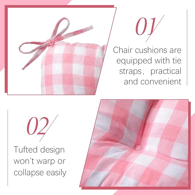 Geetery 4 Pack Valentine's Day Chair Cushions for Dining Chairs, 16" x 15" Pink and White Kitchen Chair Cushions with Ties Buffalo Plaid Soft Comfy Seat Pads for Home Office Living Room Outdoor Indoor