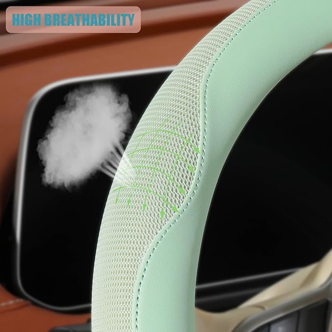 Nappa Leather Green D Shape Steering Wheel Cover, Advanced Microfiber Leather Non-Slip Breathable Fabric, Warm in Winter and Cool in Summer, Universal 15 inch
