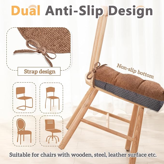 MAGIC ELEPHANT Chair Cushions for Dining Chair, Shredded Memory Foam Kitchen Chair Cushions Set of 4, Non-Slip Thick Dinning Room Chair Pads Seat Cushions, 15.5" x 15.5" x 4" (Brown)
