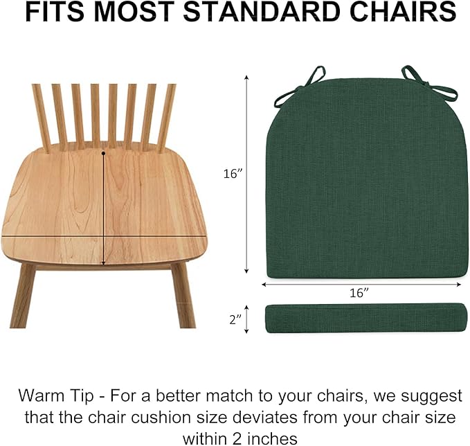 Wellsin Chair Cushions for Dining Chairs 4 Pack - Kitchen Chair Cushions with Ties and Non-Slip Backing - Dining Chair Pads 16"X16"X2", Dark Green