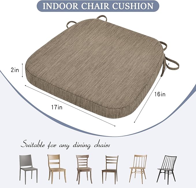 baibu Kitchen Chair Cushions Set of 2, Dual-Layer Patented Design Memory Foam Dining Chair Pads with Ties and Washable Cover, 2 Pack, 17" x 16" x 2", Light Brown