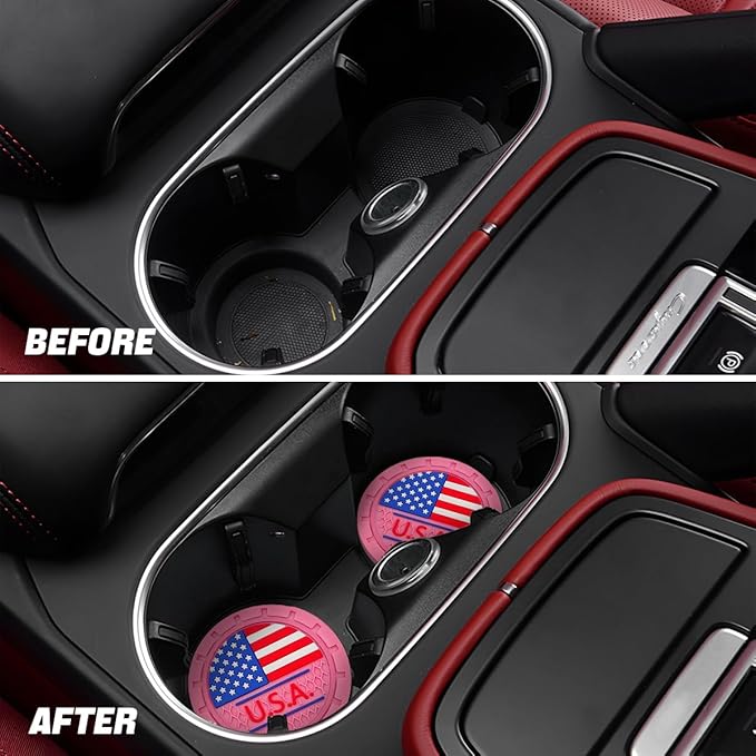 AUCELI 4 Pack Car Cup Holder Coasters, Colored American Flag US Flag Insert Car Cup Coaster, 2.75 Inch Anti Slip Shockproof Embedded Drink Mat, Vehicle Interior Decor Accessories