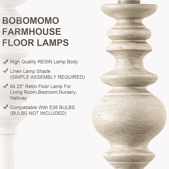 BOBOMOMO 64.25" Farmhouse Floor Lamp with Remote, Dimmable Floor Lamp with Adjustable Color Temperatures, Tall White Standing Floor Lamps for Living Room Corner, Bedroom & Nursery, 9W Bulb Included