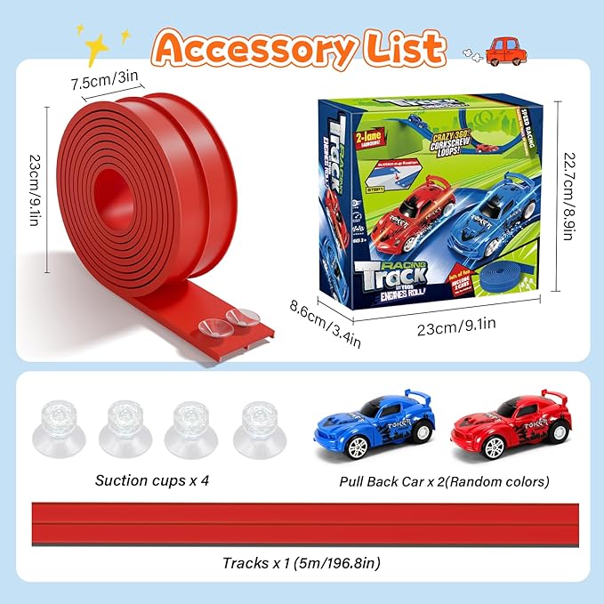 KETIEE Flex Tracks 16Ft for Kids: Flexible Race Car Ramp Track with 2 Small Racecars and 4 Suction Cups Compatible with Diecast 1/64th Cars, Rolls Up Portable Racetrack for Ages 3 & Up