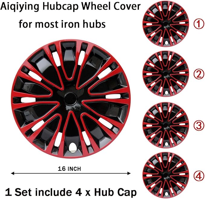 Hubcap Wheel Cover Replacement R16 Hub Caps Universal-Fit Steel Wheel Rim Cover ABS Material Exterior Accessories for Car Truck SUV -Set of 4（16-inch，Red-Black）