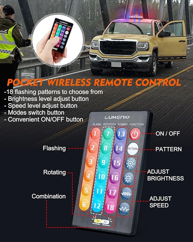 LUMENIX LED Roof Top Strobe Beacon Light Bar Rooftop Security Warning Emergency Flashing Cop Police Lights for First Responder POV Vehicles Trucks Cars - Red Blue