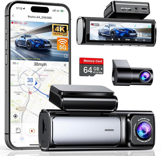 Affver 4K Dash Cam Front and Rear, Built-in 5G WiFi GPS, 64GB Card Included, 3.59'' IPS Screen Dash Camera for Cars, Dual Dashcam with G-Sensor, Loop Recording, WDR, Night Vision, 24H Parking Monitor