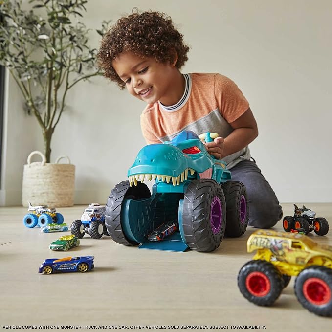 Hot Wheels Monster Trucks Car Chompin' Mega-Wrex, Large Toy Monster Truck & Toy Car, Eats & Poops 1:64 Scale Vehicles, Lights & Sounds
