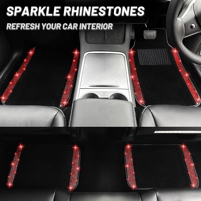 NBTEPEM 12 Pcs Bling Car Accessories Set for Women Car Floor Mats Full Set Steering Wheel Cover Seat Belt Covers Coasters Universal Fit Car SUV Truck Van Red
