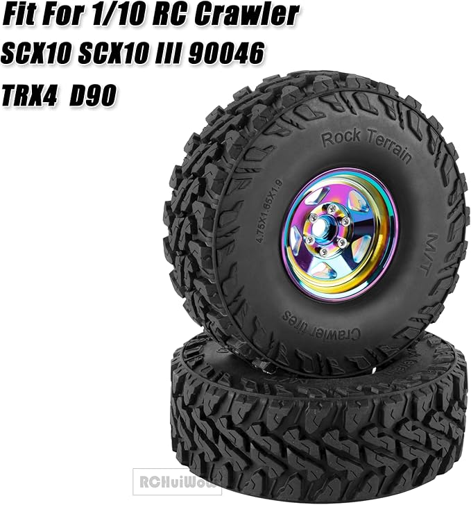 RC Alloy 1.9" Beadlock Wheels and Tires for 1/10 RC Crawler TRX4 SCX10 SCX10 III 90046 D90,1.9 RC Wheels and Tires 1.9 Beadlock Tires RC Rims,4 Packs,Rainbow
