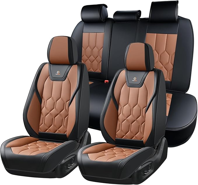 Huidasource Seat Covers Full Set, Universal Fit for Most Cars SUV Trucks, Full Coverage Leather Seat Cover, Airbag, Cupholder Compatible, Seat Function Retain, Easy Install with Velcro, Black & Brown
