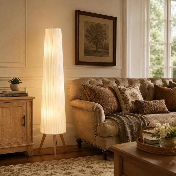 GyroVu 60 Inch Wood Floor Lamp, White Cloth Shade, Color Temperature Adjustable Softlighting Corner Lamp, 3 Bulbs Standing Lamp, Creative Ambient Light for Living Room Bedroom&Office-Bulbs Included
