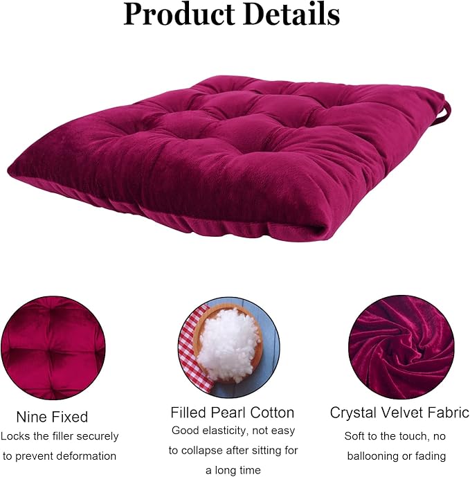 6 Pack Square Seat Cushion Chair Pads for Kitchen Dining Chairs, Soft Comfort Velvet Chair Mat Pillow Cushions with Ties for Office Desk Living Room Tatami 15.5", Burgundy Red