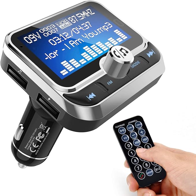 Bluetooth FM Transmitter for Car, Wireless Radio Adapter Hands-Free Kit With 1.8 Inch Display, Dual USB Charger, AUX Input/Output, TF Card Mp3 Player, Silver