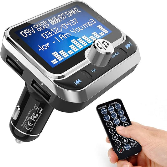 Bluetooth FM Transmitter for Car, Wireless Radio Adapter Hands-Free Kit With 1.8 Inch Display, Dual USB Charger, AUX Input/Output, TF Card Mp3 Player, Silver