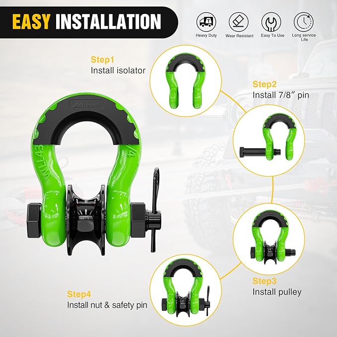 Nilight 3/4" D-Ring Shackle w/Snatch Block (2 Pack) 9,500 lb Working Load, 2-in-1 Heavy‑Duty Towing Pulley w/Isolator for Off‑Road Recovery, Winch Cable & Rope, Truck Jeep ATV UTV Tractor, Green